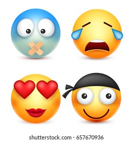 Smiley,emoticons set. Yellow face with emotions. Facial expression. 3d realistic emoji. Funny cartoon character.Mood. Web icon. Vector illustration.