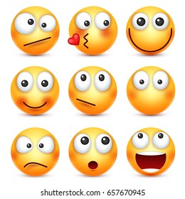 Smiley,emoticons set. Yellow face with emotions. Facial expression. 3d realistic emoji. Funny cartoon character.Mood. Web icon. Vector illustration.