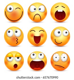 Smiley,emoticons set. Yellow face with emotions. Facial expression. 3d realistic emoji. Funny cartoon character.Mood. Web icon. Vector illustration.