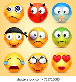 Smiley,emoticons set. Yellow face with emotions. Facial expression. 3d realistic emoji. Funny cartoon character.Mood. Web icon. Vector illustration.