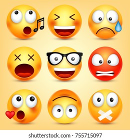 Smiley,emoticons set. Yellow face with emotions. Facial expression. 3d realistic emoji. Funny cartoon character.Mood. Web icon. Vector illustration.