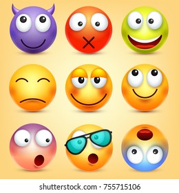 Smiley,emoticons set. Yellow face with emotions. Facial expression. 3d realistic emoji. Funny cartoon character.Mood. Web icon. Vector illustration.