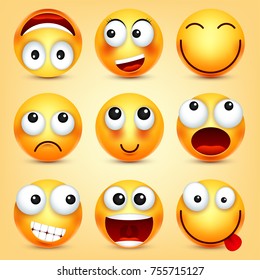 Smiley,emoticons set. Yellow face with emotions. Facial expression. 3d realistic emoji. Funny cartoon character.Mood. Web icon. Vector illustration.