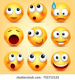 Smiley,emoticons set. Yellow face with emotions. Facial expression. 3d realistic emoji. Funny cartoon character.Mood. Web icon. Vector illustration.