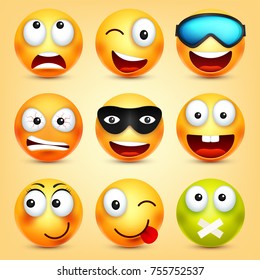 Smiley,emoticons set. Yellow face with emotions. Facial expression. 3d realistic emoji. Funny cartoon character.Mood. Web icon. Vector illustration.