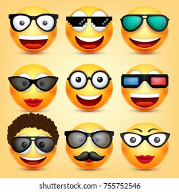 Smiley,emoticons set. Yellow face with emotions. Facial expression. 3d realistic emoji. Funny cartoon character.Mood. Web icon. Vector illustration.