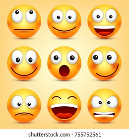 Smiley, emoticons definidos. Cara amarela com emoções. Expressão facial. 3D emoji realista. Personagem engraçada.humor. Ícone da Web. Ilustração vetorial.