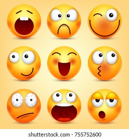 Smiley,emoticons set. Yellow face with emotions. Facial expression. 3d realistic emoji. Funny cartoon character.Mood. Web icon. Vector illustration.