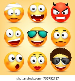 Smiley,emoticons set. Yellow face with emotions. Facial expression. 3d realistic emoji. Funny cartoon character.Mood. Web icon. Vector illustration.