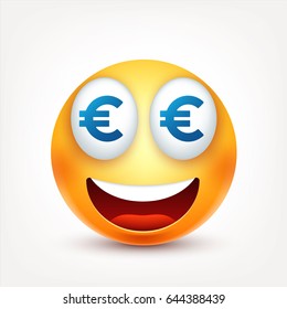 Smiley,money,smiling emoticon. Yellow face with emotions. Facial expression. 3d realistic emoji. Funny cartoon character.Mood. Web icon. Vector illustration.