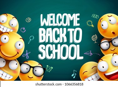 Smileys back to school vector background design. Yellow smiley emoticons with welcome back to school text in blackboard background for education. Vector illustration.
