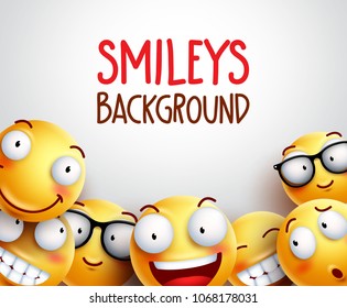 Smileys background vector illustration. Yellow emoticons with funny and happy facial expressions in white space empty background for text or message.
