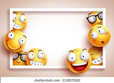 Smileys background vector template with white boarder frame and empty blank space for text and funny yellow emoticons with happy facial expressions. Vector illustration.
