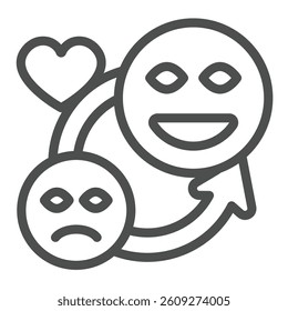 Smileys with circular arrow and heart line icon, charity concept. Vector graphics. Sad and good mood, emoticon sign on white background, outline style icon for mobile or web design