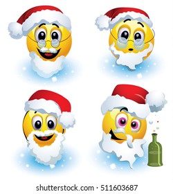 Smileys dressed in various Santa Claus costumes standing on the snow.
