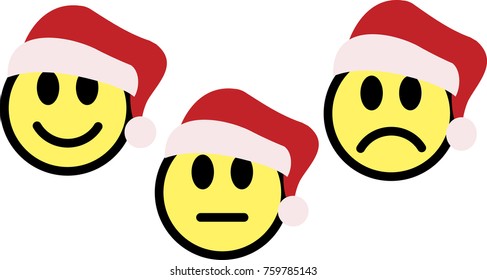 Smileys emoticons icon in New Year hats. Positive, neutral and negative, different mood. Vector illustration