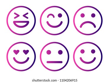 Smileys emoticons icon positive, neutral and negative, different mood. Purple gradient. Vector illustration