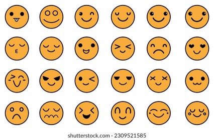 Smileys emoticons vector set. Round feedback emotions. Circles with faces, hand drawn trendy funny characters.