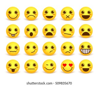 Smileys face cute vector emoticon set with happy facial expressions in yellow icon circle isolated in white background. Vector illustration
