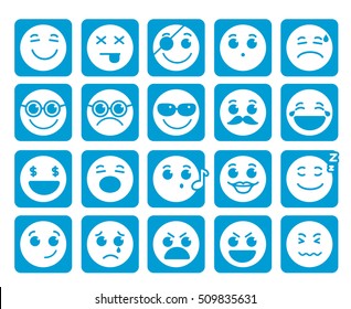 Smileys faces vector icons in square flat blue buttons with emotions and facial expressions isolated in white background. Vector illustration.
