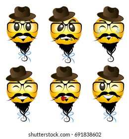 Smileys hipsters set in hats. Vector illustration