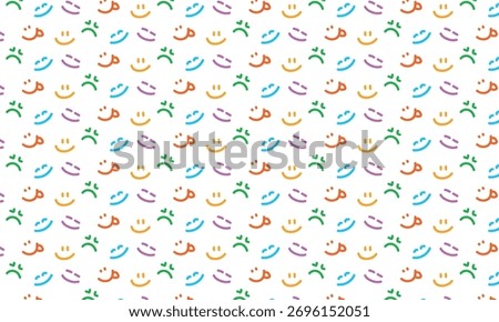 Smileys pattern multicoloured. Simple linear emotions vector seamless ornament for party, textile, fabric, interior, ceramic, wallpaper, paper decoration