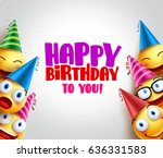Smileys vector background with happy birthday greeting, funny smileys wearing colorful birthday hats for party and celebrations. Vector illustration.
