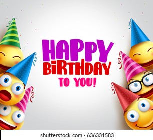 Smileys vector background with happy birthday greeting, funny smileys wearing colorful birthday hats for party and celebrations. Vector illustration.
