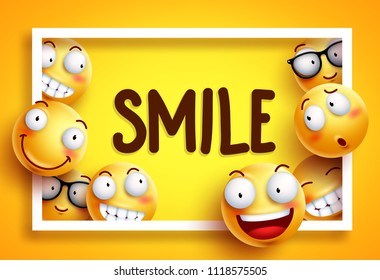 Smileys vector background with smile text and yellow funny smileys with happy and cheerful facial expressions in white frame background. Vector illustration.
