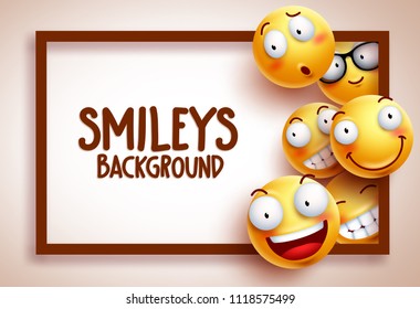 Smileys vector background template with funny yellow emoticons in different happy facial expression and empty blank space for text. Vector illustration.
