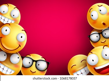 Smileys vector background. Yellow smileys or emoticons with funny and happy facial expressions in empty blank red background for text. Vector illustration.
