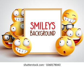 Smileys vector background. Yellow emoticons with funny and happy facial expressions with empty white space and boarder for text or presentation. Vector illustration.
