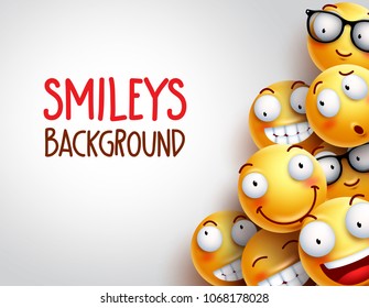 Smileys vector background with yellow funny or happy emoticons in facial expressions in white blank space background for text or presentation. Vector illustration.
