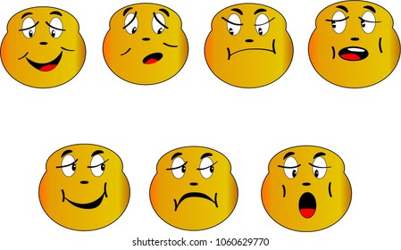 Smileys vector set. Smiley face icons or emoticons with facial expressions and emotions in yellow color isolated in white background. Vector illustration.