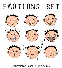 Smileys vector set. Smiley face emoticons with facial expressions and emotions like happy, pleasure, sleepy, joy, crazy, confused and shocked isolated in white background. Vector illustration.