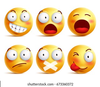 Smileys vector set. Smiley face icons or emoticons with facial expressions and emotions in yellow color isolated in white background. Vector illustration.