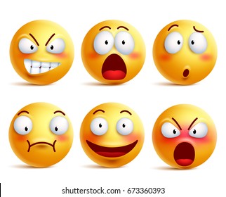 Smileys vector set. Smiley face or yellow emoticons with facial expressions and emotions like happy, shouting, confused and shocked isolated in white background. Vector illustration.
