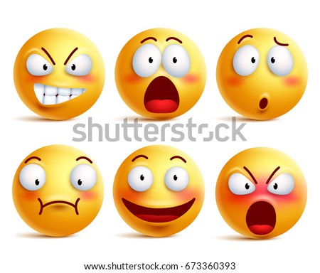 Smileys vector set. Smiley face or yellow emoticons with facial expressions and emotions like happy, shouting, confused and shocked isolated in white background. Vector illustration.