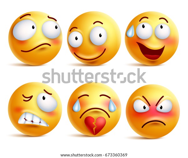 表情矢量集 笑脸或黄色表情符号与面部表情和情绪喜欢快乐 害羞 愤怒和破碎的心脏隔离在白色背景 矢量插图 库存矢量图 免版税 673360369