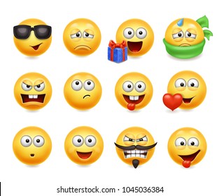 Smileys vector set. Smiley faces with facial expressions. Happy, evil, confused