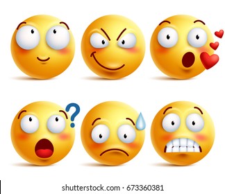 Smileys vector set. Yellow smiley face or emoticons with facial expressions and emotions like happy, in love, and confused isolated in white background. Vector illustration.
