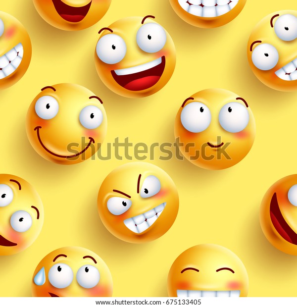 スマイルスの壁紙は 黄色のシームレスなベクター画像パターンで 幸せそうな顔と表情が連続しています ベクターイラスト のベクター画像素材 ロイヤリティフリー