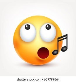 Smiley,singing emoticon. Yellow face with emotions. Facial expression. 3d realistic emoji. Funny cartoon character.Mood. Web icon. Vector illustration.