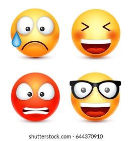 Smiley,smiling emoticon. Yellow face with emotions. Facial expression. 3d realistic emoji. Funny cartoon character.Mood. Web icon. Vector illustration.