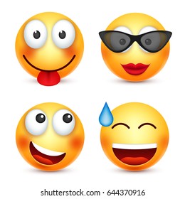 Smiley,smiling emoticon. Yellow face with emotions. Facial expression. 3d realistic emoji. Funny cartoon character.Mood. Web icon. Vector illustration.