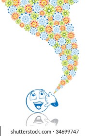 The smilie speaks on the phone in abstract collage. Format A4. Vector illustration. Isolated groups and layers. Global colors.