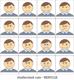 Smilies business change in suits and ties, symbolising various human emotions, set. Vector