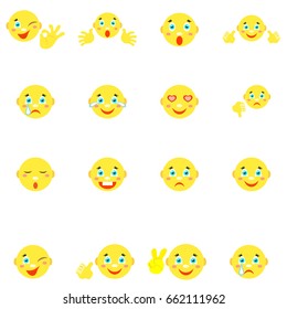 Smilies with different emotions and gestures. Set of 16 icons on a white background. Vector image in a cartoon style. Stickers. Stikers