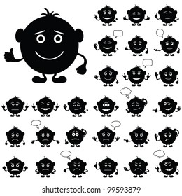 Smilies, set of round black and white characters, symbolising various human emotions. Vector