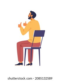 Hombre sonriente sentado en la silla mostrando los pulgares hacia arriba ilustración aislada del vector plano.
